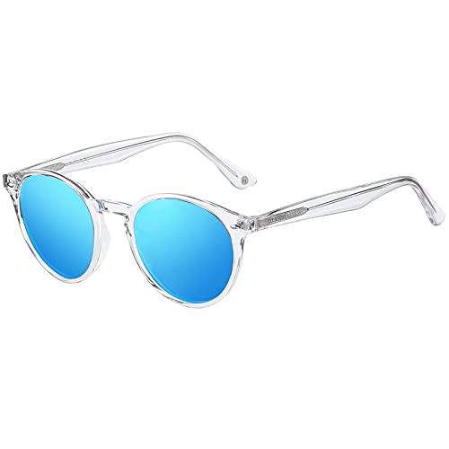 H HELMUT JUST Sonnenbrille Für Herren Damen Rund Retro Blau Verspiegelte Polarisierte Linse Leichter TR90 Kristall Rahmen Acetatbügel von H HELMUT JUST