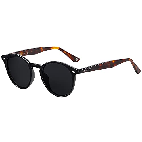 H HELMUT JUST Sonnenbrille Herren Damen Rund Retro Polarisierte Linse Schwarz Grau Getönte Gläser Leichter TR90 Rahmen Acetatbügel von H HELMUT JUST