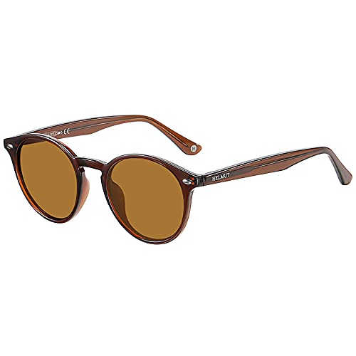 H HELMUT JUST Herren Damen Sonnenbrille Rund Retro Polarisierte Linse Braune Getönte Gläser Leichter TR90 Rahmen Acetatbügel von H HELMUT JUST