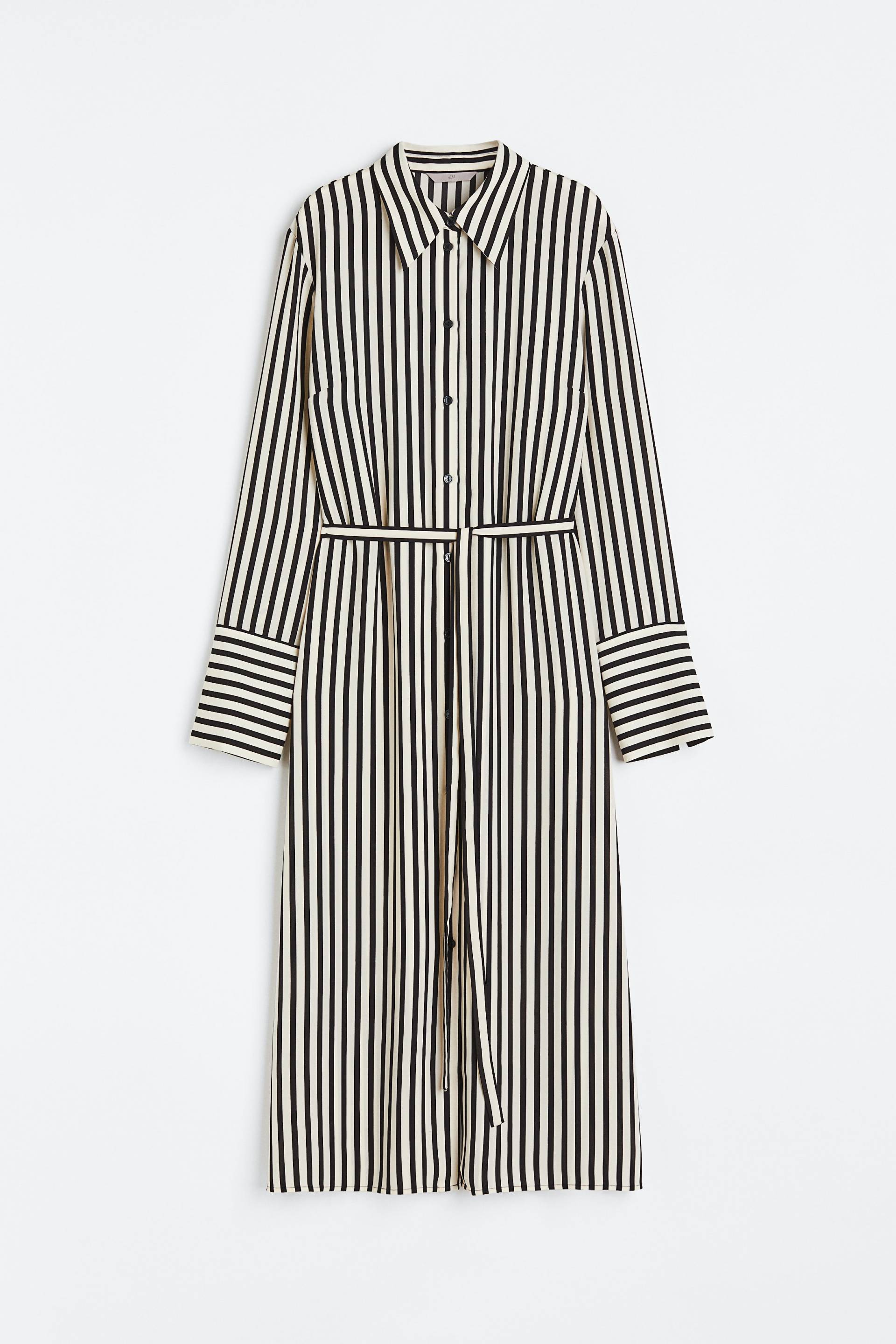 H&M Blusenkleid mit Bindegürtel Hellbeige/Gestreift, Alltagskleider in Größe XS. Farbe: Light beige/striped von H&M