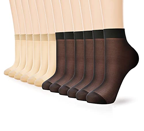 HA WA 12 Paar 20 DEN Damen Söckchen Seidenfein Socken，Pure Matt Transparent Nylon Feinsöckchen （Hautfarbe+Schwarz） von HA WA