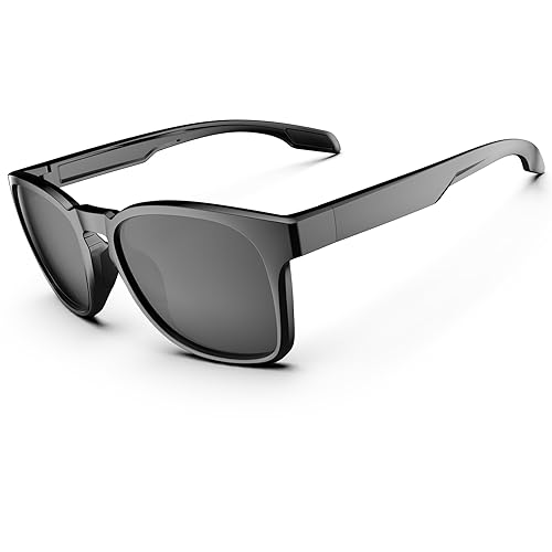 HAAYOT Herren-Sonnenbrille, polarisiert, Damen-Sonnenbrille, flexibel, leicht, TR90-Rahmen, UV400-Schutz, Fahren, Angeln, Golf, Reisen, glänzendes Schwarz und Grau von HAAYOT