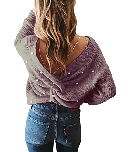 Damen Winter Frühling Sexy Casual V-Ausschnitt Pullover Loose Rückenfrei Fledermaus Batwing Rücken Kreuz Lange Ärmel Sweater Stricken Pullover(43-PE) von HAHAEMMA