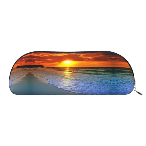 HAHAFU Federmäppchen aus Leder für Mädchen und Jungen, Motiv: Strand mit Sonnenuntergang, niedlicher Druck, Schreibwaren, Organizer, Tasche, Schule, Büro, Federmäppchen, silber, Einheitsgröße, von HAHAFU