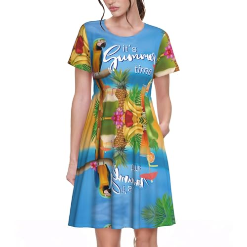HAHAFU Sommerkleid, Motiv: Papagei, Ananas, Vögel, kurzärmelig, Polyester, Allover-Druck, bequem, atmungsaktiv, Sommerkleid, Schwarz , L HAHAFU Sommerkleid, Motiv: Papagei, Ananas, Vögel, kurzärmelig, Polyester, Allover-Druck, bequem, atmungsaktiv, Sommerkleid, Schwarz , L von HAHAFU
