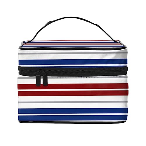 HAICOM Make-up-Tasche, Organizer, groß, gestreift, bedruckt, Reise-Kosmetiktasche mit Reißverschluss, für Damen und Make-up-Künstler, tragbare quadratische Tasche, Rot, Blau, Weiß, Graue Streifen, von HAICOM