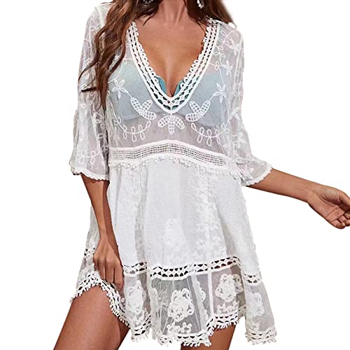 HAIGOU Damen Spitze Strandkleid V-Ausschnitt Badeanzug Strandkleid Transparent Strandponcho Bikini Cover-Ups von HAIGOU