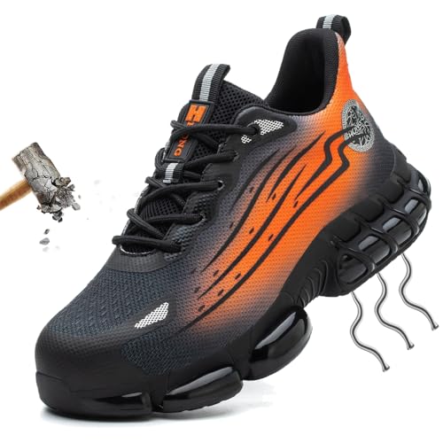 HAIMAYEE Arbeitsschuhe Damen Stahlkappe 38 Sicherheitsschuhe S3 Herren Sommer Arbeit Schuhe Sicherheit Sneaker Kevlar Schutzschuhe Trekkingschuhe für Kinder Jungen Grau Orange von HAIMAYEE