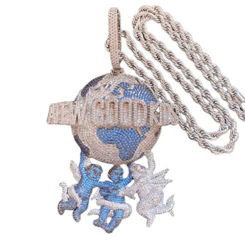 ICEDIAMOND Iced Out Jumbo Gute Kinder Angel vs Erde Anhänger mit 24 '' Seilkette Halskette, Micro Pave Dual Farben Bright CZ Diamant Crazy Hip Hop Charm für Männer (Blue) von ICEDIAMOND