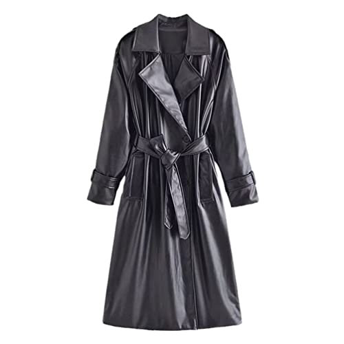 Damen Trenchcoat aus Kunstleder mit Gürtel im England-Stil, zweireihig, locker, langer Mantel für Damen, Schwarz , 32 von HAN HONG