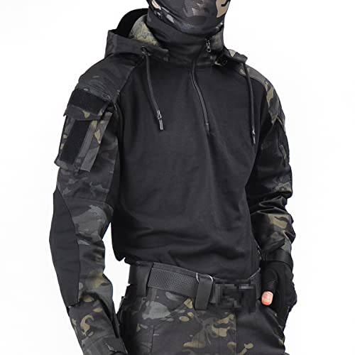 HAN·WILD Taktische Hemden für Herren Militärhemden mit Ellenbogenpolstern Kampf-Langarmshirts mit Kapuze 1/4 Reißverschluss, Schwarz Camouflage, Klein von HAN·WILD