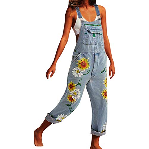 HANMAX Damen Latzhosen Jeanshosen Drucken Denim Overall Jumpsuit Spielanzug Ärmellos Playsuit Romper Jeans Hose Baggy Boyfriend Latzjeans von HANMAX