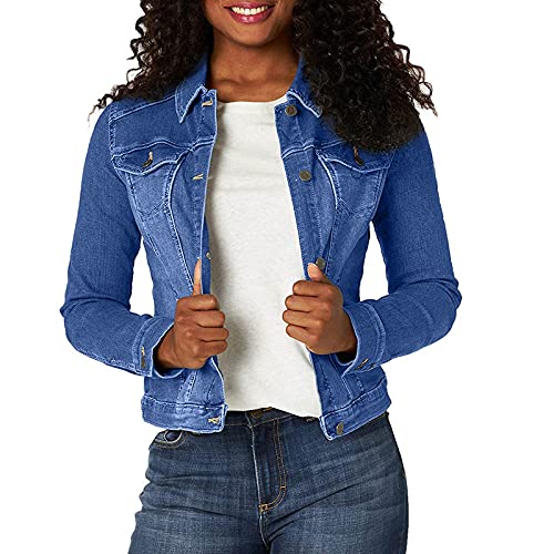 HANXIULIN Vintage blau bestickte Jeansjacke für Damen Slim Fit Damenjacke Stehkragen Langarm Kurzjacke Langarm Jeansjacke Kurze Jeansjacke für Damen Kurze Übergangsjacke von HANXIULIN