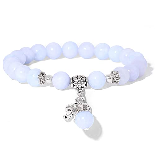 HAODUOO Frauen Naturstein Charm Perlen Armband Elefanten Anhänger Armbänder Katzenauge Quarz Elastischer Yoga Schmuck for Männer,Angelite,23CM von HAODUOO