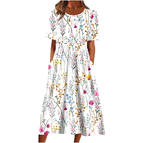 Damen Sommerkleid, Lässig Blumendruck Plissiert Reißverschluss, Kurze Ärmel Runder Ausschnitt Knielang, Günstig Strandkleid Lässiger Modischer, Partykleid Leicht Luftig, Freizeitkleid Lockerer Bequem von HAOLEI