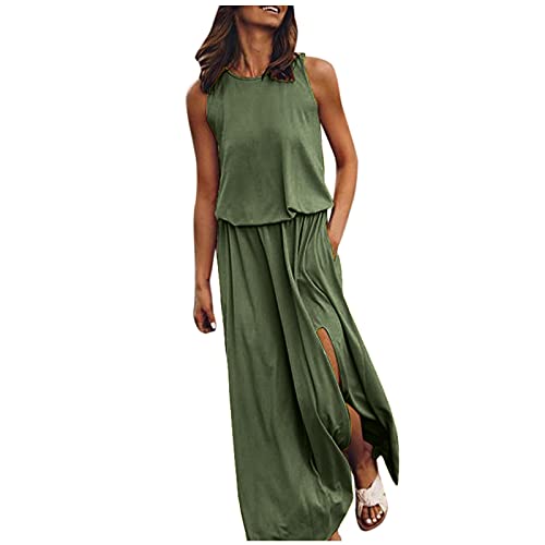 HAOLEI Damen Sommerkleid Sexy Ärmellos Einfarbig Rundhalsausschnitt Schlitz, Sale Strandkleid Temperamentvoller Schlanker, Günstig Freizeitkleid Lockerer Bequem, Sommerkleid Lässiger Modischer von HAOLEI