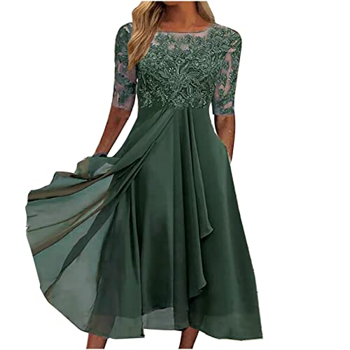 HAOLEI Sommerkleid Damen Elegant Schicke, Sexy Chiffon Mesh Spliced Mittelarm Taillenkleid, Rundhalsausschnitt, Günstig Langes Kleid, Blusenkleid Leicht Luftig, Partykleid Lässiger Modischer von HAOLEI