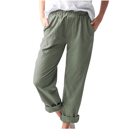 Jogginghose Damen Lockere Lässige, Leinenhose Leicht Luftig, Stoffhose Elegante Schicke, Sommerhose Mit Gummizug, Hose Aus Leinen, Einfarbig, Elastische Taille, Tasche, Hohe Taille, Gerade Hose von HAOLEI