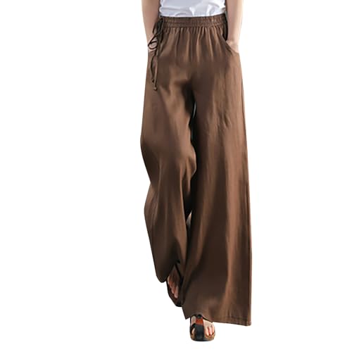 Schnürhose Für Damen Aus Baumwolle Und Leinen, Einfarbige Hose Mit Weitem Bein Und Hoher Taille, Wide Leg Pants Women Elegante Schicke, , Sommerhose Lockere Lässige, Günstig Leinenhose Leicht Luftig von HAOLEI