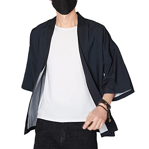 HAORUN Herren Japanischer Kimono Mantel Lose Yukata Outwear Lange Bademantel Tops Vintage, Kurz-Marineblau, Large von HAORUN