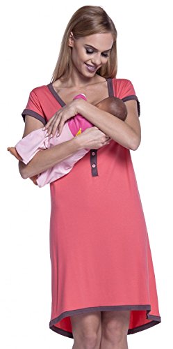 HAPPY MAMA. Damen Umstands-Nachthemd mit Stillfunktion. Stillshirt Kurzarm. 981p (Koralle & Cappuccino, 36-38, M) von HAPPY MAMA
