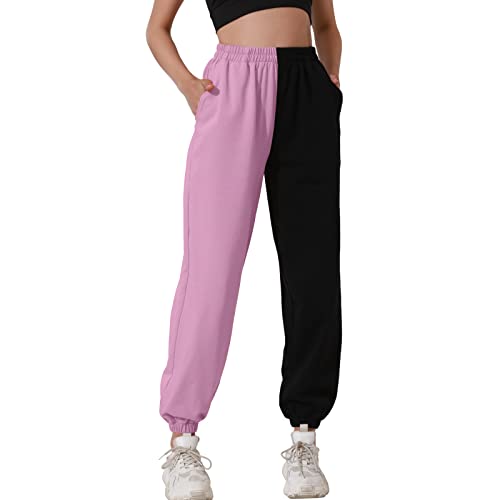 HAPYWER Jogginghose Damen Baumwolle Lang Freizeithosen High Waist Lässige Loose Sweathose mit Taschen Trainingshose Oversize Sporthose Zweifarbig Sommerhose Casual Mode(Rosa,1X) von HAPYWER