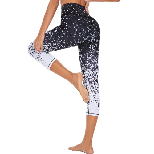 HAPYWER Yoga Leggings Damen High Waist Yogahose Bunt Gym Sport Leggings Tummy Control Running Workout - Stretch Kompressionshose mit Aufdruck für Frauen(7/8 Bambusblatt,S) von HAPYWER