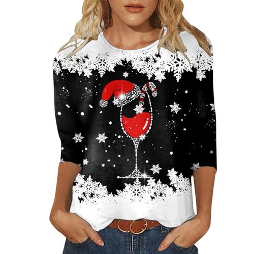 Damen T-Shirt mit lässigem, modischem Rundhalsausschnitt und DREI Viertelärmeln, Blumen- und Schmetterlingsdruck T Shirt Damen Schwarz V Ausschnitt Weihnachtsdeko Amerikanisch Outdoor von HAQUOS