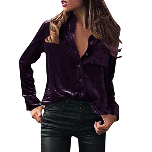 Damen Wintermode Top Bluse Samt Langarm Solide Elegantes Hemd Knopftasche Freizeithemd Top Blusen Karo Damen V Ausschnitt Bluse Damen von HAQUOS