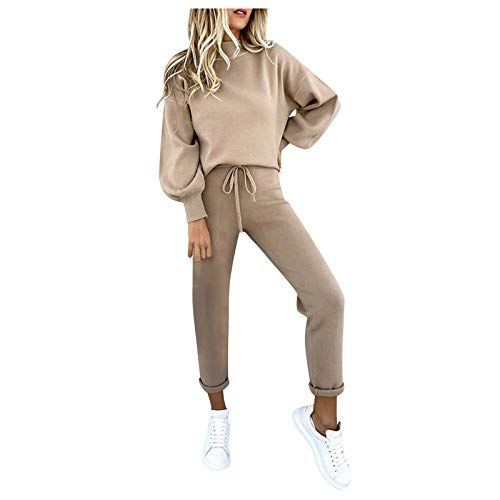 HAQUOS 2-teilige Lounge Outfits für Damen - Damen Warm Trainingsanzug Tracksuits mit Futter Strickpullover Elastische Taille Sweatsuit Pullover Kuschelig Sportanzug Frau Retro Bekleidungsset von HAQUOS