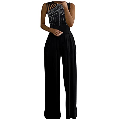 HAQUOS Jumpsuit Damen Elegant Ärmellos Hosenanzug Sommer Rundausschnitt Faltenjumpsuit (Black, S) von HAQUOS