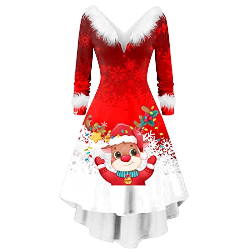 HAQUOS Weihnachtskleid Damen - Vintage Weihnachtskleid für Damen Top Elegant Cocktaikleider Weihnachtspullover Damen Led Samt Kleid Damen Weihnachtskleid Große Größe Rot Weihnachtsfrau Midi Kleid von HAQUOS