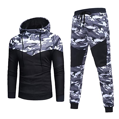 Herren Herbst und Winter Zweiteiler Mode Camouflage Nähte Kapuzenpullover Hosenanzug Top Hosenanzug Werkzeug Weste Herren Stricken Westen von HAQUOS