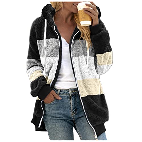 Hoodie Damen Oversize PlüSchjacke - Winterjacke mit Taschen Kuschelig Kawaii Kapuzenjacke Reißverschluss Outwear Pullover Fleece mit Tasche Outdoor mantel Kapuze Weicher Lockerer Damenmantel von HAQUOS