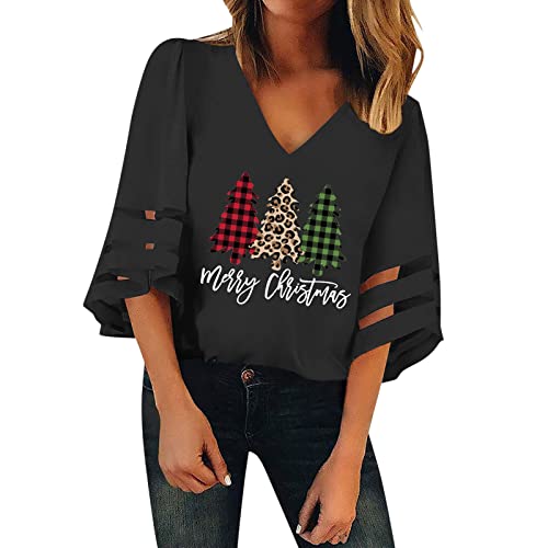 Weihnachts Tshirt Damen - Leinen Oberteile Lustiges Frauen Langarmshirt Lose Bluse Tops Mode Damenbluse Langarmshirt Streetwear Weihnachtsmotiv Oberteile Weihnachtspullover mit Komisch gedruckt von HAQUOS