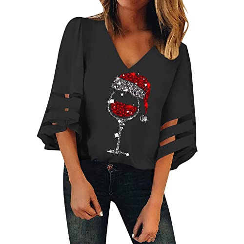 Weihnachtsbluse Damen - Leinen Oberteile Lustiges Elegant 3/4 arm Blusen Merry Christmas Sweater Langarmshirt Streetwear Elegant Slim Fit Weihnachtsbluse Weihnachtspullover mit Komisch gedruckt von HAQUOS