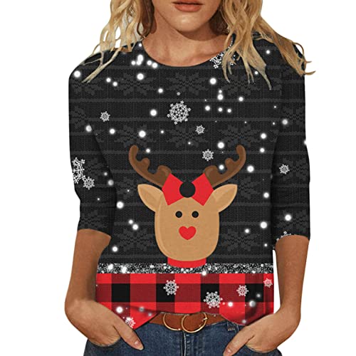 Weihnachtsbluse Damen - Lustig Rudolph Rentier Elfe Shirt Elegant 3/4 arm Blusen Mode Damenbluse Festliche Oberteile Pulli Elegant Slim Fit Weihnachtsbluse Weihnachtspullover mit Komisch gedruckt von HAQUOS