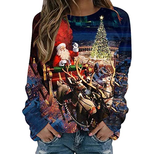 Weihnachtspullover Damen Led - Druck Baumwolle Weihnachtspulli Lustig Rudolph Rentier Cartoon Drucken Oberteil Weihnachtsparty Oberteile Weihnachtspulli Teenager Mädchen Damen Löwenzahn Sweatshirt von HAQUOS