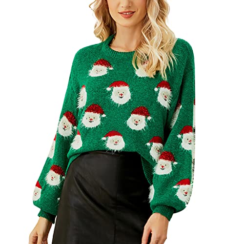 Weihnachtspullover Damen - Weicher Pullover Weihnachtsmann Lustig Rudolph Rentier Cartoon Drucken Oberteil klassisch Weihnachtsparty Oberteile Langarm Weihnachten Pullover Weihnachtspulli für Party von HAQUOS