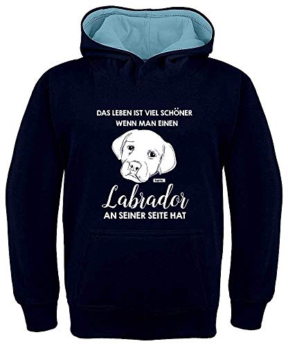 HARIZ Kinder Hoodie Kapuzenpullover Kontrast Das Leben Ist Viel Schöner Labrador Tiere Zoo Inkl. Geschenk Karte Navy Blau/Himmel Blau 140/9-11 Jahre von HARIZ