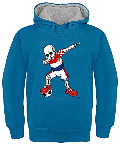 HARIZ Kinder Hoodie Kapuzenpullover Kontrast Fussball Dab Skelett Kroatien Trikot Mannschaft Plus Geschenkarte Royal Blau/Hell Grau 152/12-13 Jahre von HARIZ