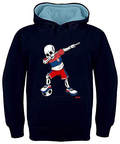 HARIZ Kinder Hoodie Kapuzenpullover Kontrast Fussball Dab Skelett Serbien Trikot Mannschaft Plus Geschenkkarten Navy Blau/Himmel Blau 140/9-11 Jahre von HARIZ