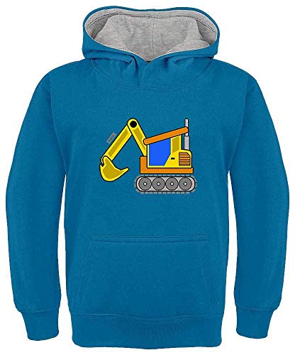 HARIZ Kinder Hoodie Kapuzenpullover Kontrast Gelber Bagger Fahrzeuge Traktor Plus Geschenkkarte Royal Blau/Hell Grau 128/7-8 Jahre von HARIZ