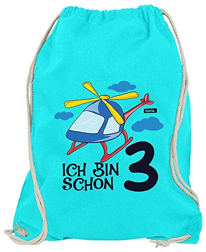 HARIZ Turnbeutel Ich Bin Schon DREI Hubschrauber Wolken 3 Geburtstag Kinder Inkl. Geschenk Karte Azur Blau One Size von HARIZ