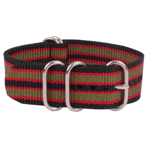 HASMI Kompatible 16/18/20/22/24 mm Cambo Stripe Ringschnalle Armband Faser gewebtes Nylon Uhrenarmbänder Armbanduhrenbänder (Color : 3Black 4Red 2Green, Size : 22mm) von HASMI