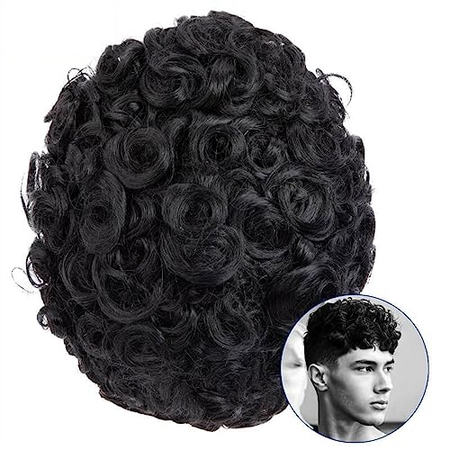 Herren Haarteil 20 mm lockiges Toupet for Männer, 0,1 mm PU-Hautbasis-Haar-Toupet, atmungsaktive männliche Haarprothese, schwarze Echthaar-Ersatzsysteme, Einheit, Herren-Perücke Toupet für Männer (Co von HASMI