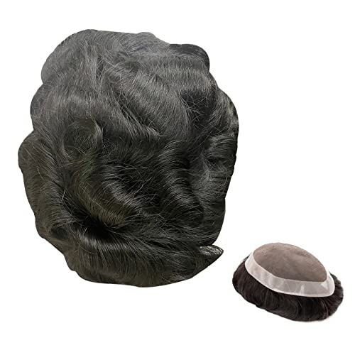 Herren Haarteil Feines Mono-NPU-Basis-Herren-Toupet Indisches Haarersatzsystem 110–130% Dichte, langlebiges Wellen-Echthaar-Toupet-Haarteil for Männer Toupet für Männer (Color : Wave Toupee 1B 110% von HASMI