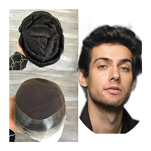 Herren Haarteil Männer Toupet Echthaar Männer Ersatz Haarteile Französisch Spitze Zentrum PU Um Männliche Haar Prothese Natürliche Welle Haar Einheit Toupet für Männer (Color : 1#-120%, Size : 7x9) von HASMI