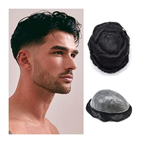 Herren Haarteil Toupee for Männer Echthaar Dauerhaftes Ersatzsystem 0,1-0,12 mm Dünne, transparente, eingespritzte PU-Haut, männliche Perückeneinheit, tiefschwarze Herren-Toupee-Haarteile Toupet für M von HASMI