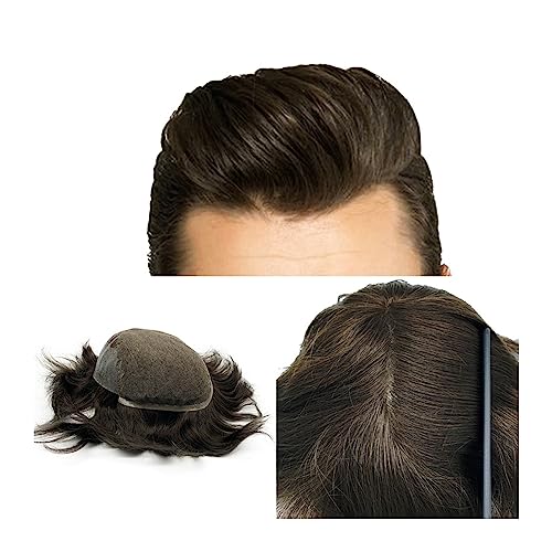 Herren Haarteil Toupet for Männer, Dunkelbraun, 2#, Echthaarteil, 20,3 x 25,4 cm, Spitzenfront mit PU-Hautbasis, Herrentoupet, natürlicher Haaransatz, atmungsaktives Haarersatzsystem Toupet für Männer von HASMI